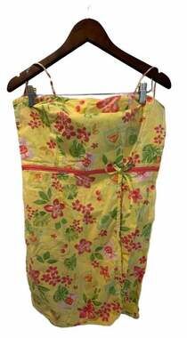 Tahiti Reef Club Yellow Tropical Floral Cocktail Print Strapless Sundress Medium